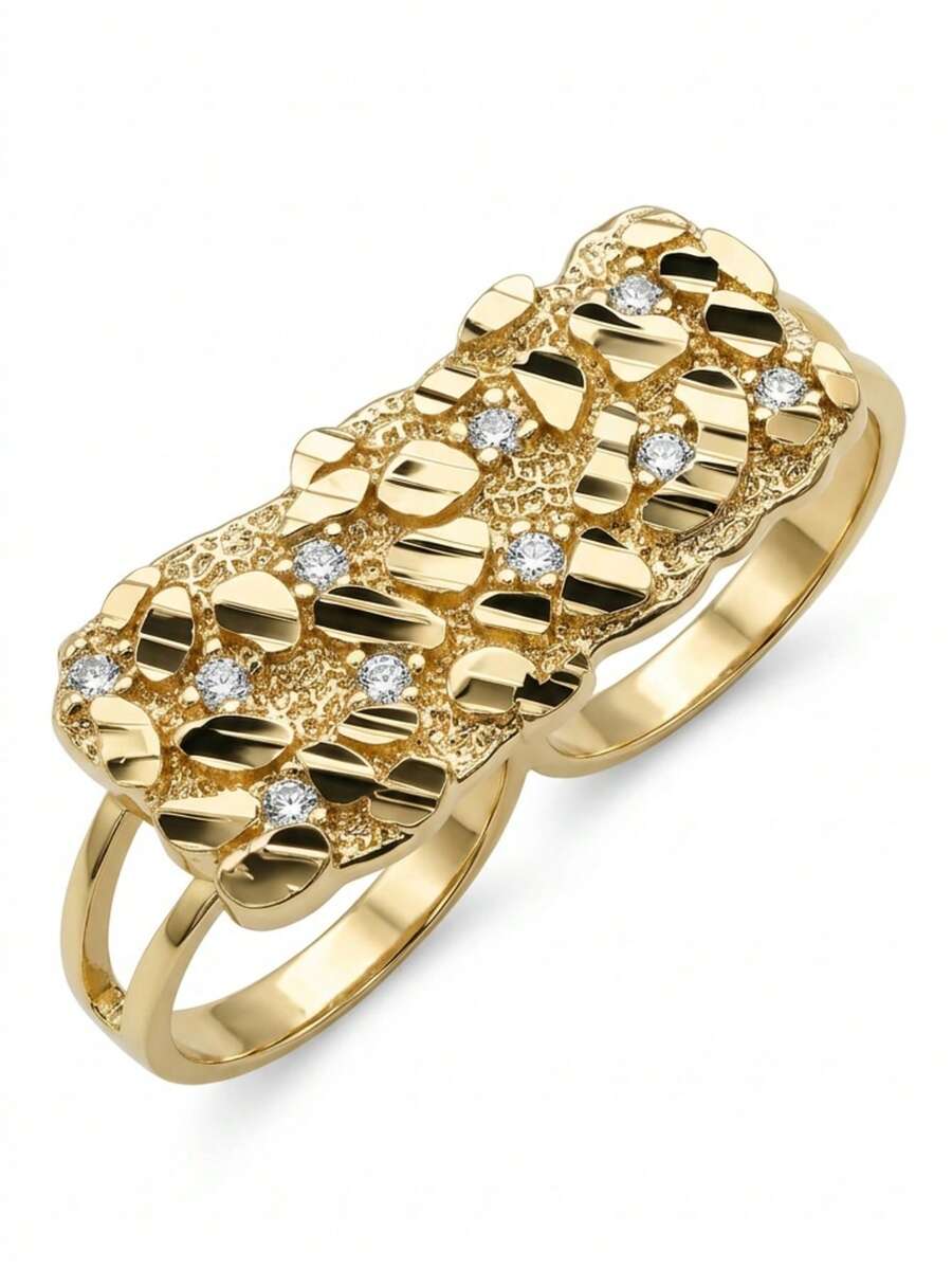1pc Gold Block Double Finger Ring - Hiphop Style Gold Stacking Ring For Men - Yellow - View 1