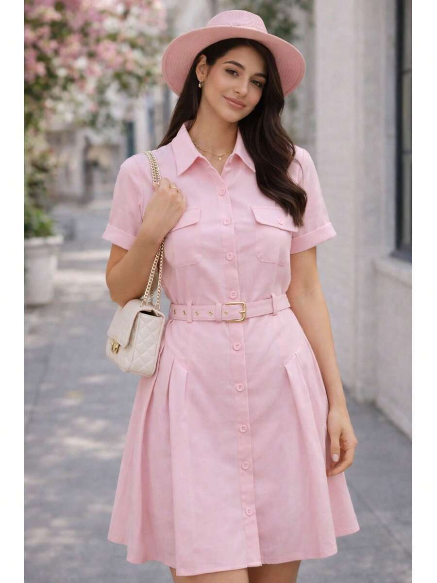 Women's Short-Sleeve Shirt Dress With Buttons And Belt - Casual And Elegant - 淺粉色 - 查看 1