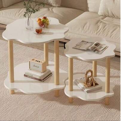 [Ambiente hogareño y femenino] Juego de mesa de centro de estilo Ins con pétalos de doble capa, mesas auxiliares de tono neutro de fácil limpieza con espacio de almacenamiento de doble capa, diseño escandinavo, adecuado para salas de estar pequeñas y balcones, perfecto para tomar café/leer a diario, conveniente para organizar fiestas de té, se adapta a varios estilos de decoración del hogar, un elemento esencial del mobiliario del hogar