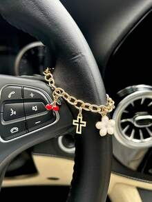 1pc Sweet Cherry Blossom Alloy Flower Cross Decor Chain, Car Steering Wheel Interior Decoration - A - View 5
