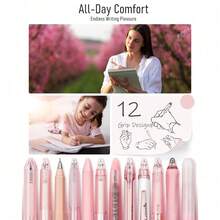 Cute Pink Rose Series Gel Pen With Black Ink - Aesthetic Desk Accessory For Girls And Women Set Of 12 Smooth Fine Point 0.5mm School Stationery Supplies Office Supplies Gift - 玫瑰 | 10 朵黑色,2 朵粉紅 - 查看 6