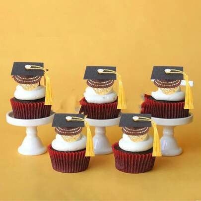 10/20 chiếc phụ kiện trang trí bánh cupcake hình mũ tốt nghiệp, mũ tốt nghiệp bằng sô cô la tua vàng, thích hợp cho tiệc tốt nghiệp, lễ tốt nghiệp, trang trí bánh và sô cô la.