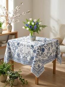 1pc Vintage Blue And White Rectangular Tablecloth, Classic Porcelain Floral Oriental Design, Polyester 100%, Machine Made Woven, Spring & Summer Farmhouse Decor, French Country Printed Table Cover - Multicolor - View 5