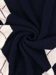 Elegant Women's Spring/Summer Fashion Casual Diamond Pattern Turndown Collar Button Front Knit Short Sleeve Pullover Sweater Top - Navy Blue - View 11