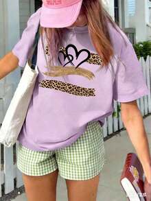 Summer TopsWomen's Summer New Simple Slogan Print Casual Vacation Style Loose Fit Round Neck Short Sleeve T-Shirt, Fashionable Everyday Top, Suitable - 淡紫色 - 查看 8