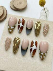 10 PCS Handmade Press On Nails Medium Almond, Y2K Gold Cow Print & Ombre French Tip, Removable Reusable Nail Set (Jelly Glue & Nail File Incl.) - Multicolor - View 2