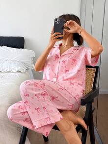 Dreamivo Set de pijamale roz cu imprimeu dulce și funde, cardigan cu guler, mânecă scurtă + pantaloni cu croi larg, material moale, pijama de casă feminină, poate fi purtată în aer liber, 2 bucăți - Roz - Vizualizare 6