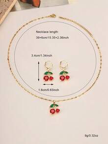3pcs Fruit Series - Cherry Necklace & Earrings Set For Women, Copper Material , Elegant & Cute, & Sweet, Suitable For Women's Vacation And Daily Wear, Jewelry Gift For Christmas, Graduation And Back To School Season - 金色 - 查看 5
