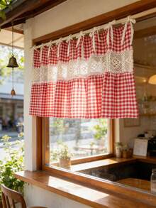 1 Stück süßer koreanischer Stil Zweifarbiger roter Karomuster Vorhang, japanischer kleiner Fenster Kurzer Vorhang, Apartment Küche Vorhang, Café Halbvorhang, einfache Installation & maschinenwaschbar - Rot - Übersicht 4