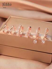 Hihho 6pcs Fashion Elegant Zirconia Inlaid Square & Circle Geometric Charm Earrings Set, Includes Round Sparkling Zirconia Pendant Earrings, Rose Gold Plated, Gift For Ladies - 玫瑰金 - 查看 6