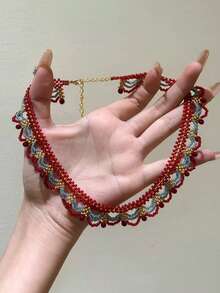 1件复古蕾丝双色串珠项链，适合女士派对、宴会等场合佩戴 - 彩色 - 查看 1