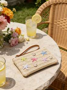 Embrague con forma de estrella tejido, bolso de muñeca de paja con estilo bohemio y decoración de estrella colorida, bolso de mano tejido para playa, viajes y vacaciones, adecuado para salidas casuales y fiestas en la playa, adecuado para mujeres y adolescentes, excelente para regalos de primavera, Pascua y verano, se puede usar como embrague de playa, muñequera y bolso de vacaciones, regalo del Día de la Madre - Multicolor - Ver 9