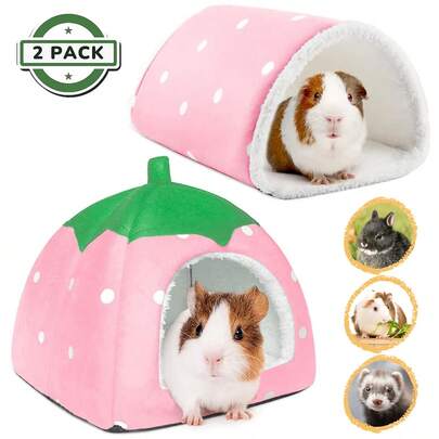 Bộ 2 ổ trú ẩn cho chuột lang có đường hầm, màu hồng pastel hình dâu tây, giường cho chuột hamster, chấm bi dễ thương, hang trú ẩn cho thú cưng nhỏ, có thể giặt được, nhà cho chinchilla, giường mềm mại sang trọng, đồ chơi làm phong phú môi trường sống và phụ kiện lồng cho chồn, nhím, động vật nhỏ, tổ ấm áp màu hồng đáng yêu, đồ dùng cho thú cưng.
