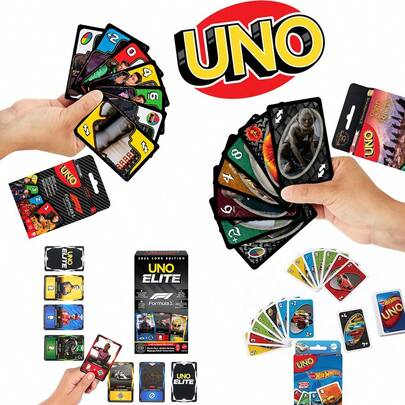 Mattel UNO - Juego de cartas clásico de emparejamiento de colores y números - 112 cartas - Cartas comodín personalizables y borrables - Incluye cartas de acción especiales - Un regalo para niños a partir de 7 años, con las series de Jurassic Park/No Mercy/Minecraft/Super Mario/Hot Wheels/F1 Racing/El Señor de los Anillos