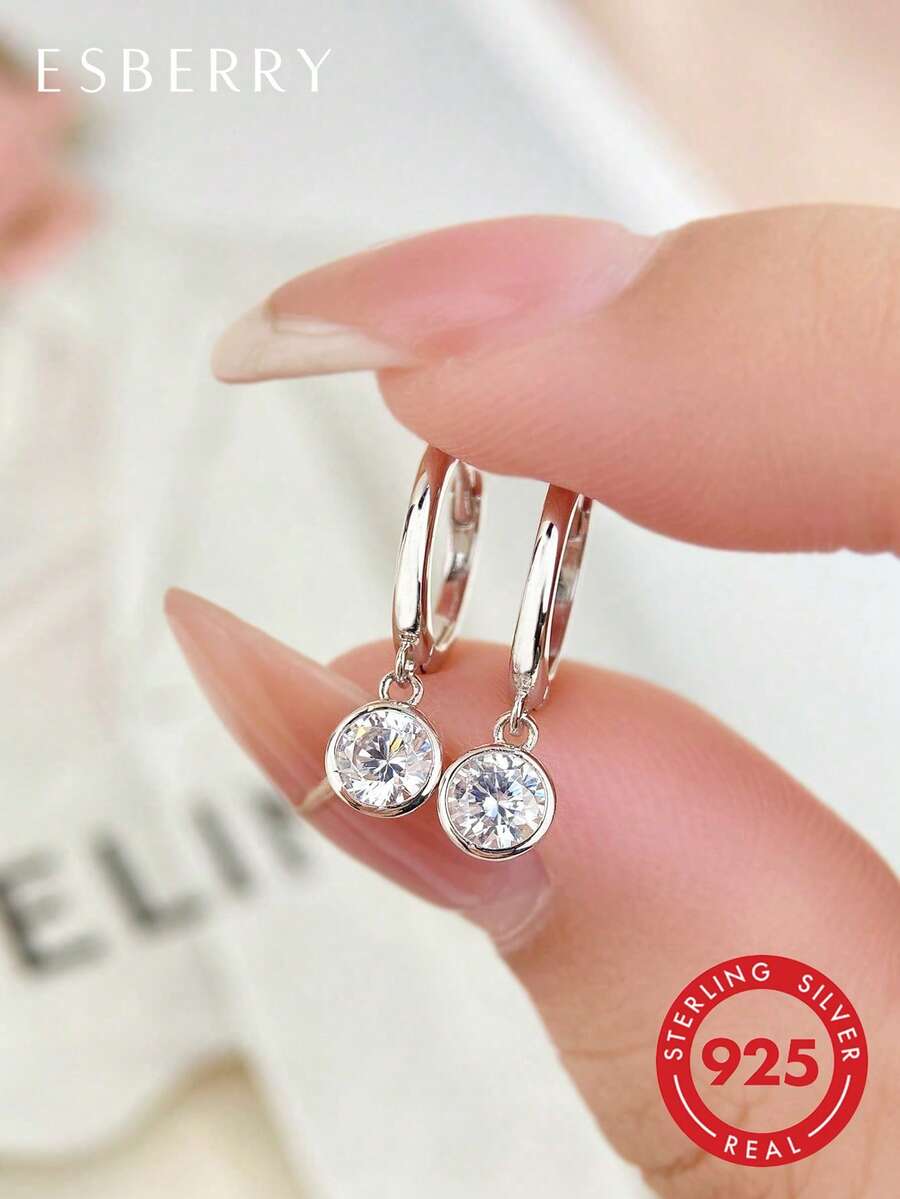ESBERRY 1 Đôi bông tai hình giọt nước bằng bạc S925 đính đá Cubic Zirconia thời trang và quyến rũ, trang sức tinh tế dành cho nữ, phù hợp để đeo hàng ngày.