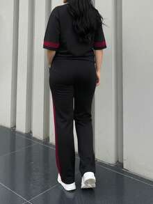 2 piezas Conjunto de camiseta de manga corta de cuello redondo y pantalones sueltos de cintura elástica para mujer, uso diario casual elegante de verano en color negro - Negro + Borgoña - Ver 10
