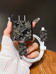 复古奢华金色花朵充电线收纳保护套，兼容 15 Pro Max、17 Pro Max、16 Pro Max、11、12、13、14 Pro Max，时尚美观 - 黑色 - 查看 5