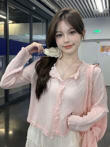长袖开衫，轻薄镂空针织女式毛衣，休闲甜美风格，荷叶边装饰，春夏粉色 - 粉色 - 查看 4