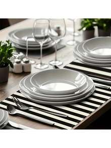 1pc Black & White Vertical Striped Placemat, Vibrant Modern Creative Placemat, Linen-Like Material, Easy To Clean, Suitable For Kitchen, Dining Room Decor, Holiday Party Table Decoration, Home Decor - Black and White - View 3