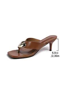 Women's High Heel Sandals, New Spring/Summer Fashion Coffee Brown Heart Buckle Decor Minimalist Elegant Daily Office Commute Wear Thong Sandals - Coffee Brown - View 4
