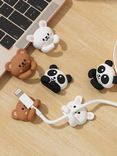 3个可爱动物造型电线夹 | 硅胶材质，熊猫/熊/兔子造型！自粘式电线整理夹，适用于充电线、耳机和钥匙 - 非常适合桌面、宿舍和卧室！保持电线整洁，增添可爱装饰！非常适合春季装饰和开学季！