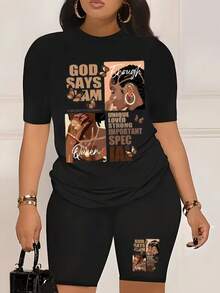 Plus Size Women's Short-Sleeved Top And Short Set, Fashionable Casual Women'S Outfit Featuring A Round-Neck Short-Sleeve T-Shirt With A Spring-Summer-Autumn Letter Pattern And Tight-Fitting Shorts,Staying At Home, TravelingHiking,Sports,Camping,Workout,Hiking Clothes - màu đen - Xem 1