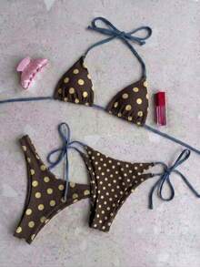 Bộ bikini 3 mảnh mùa hè dành cho nữ, họa tiết sọc xanh dương và nâu, kiểu dáng thường ngày, gồm áo hai dây và quần bơi kẻ sọc đa năng kiểu Nhật. - Nhiều màu - Xem 1
