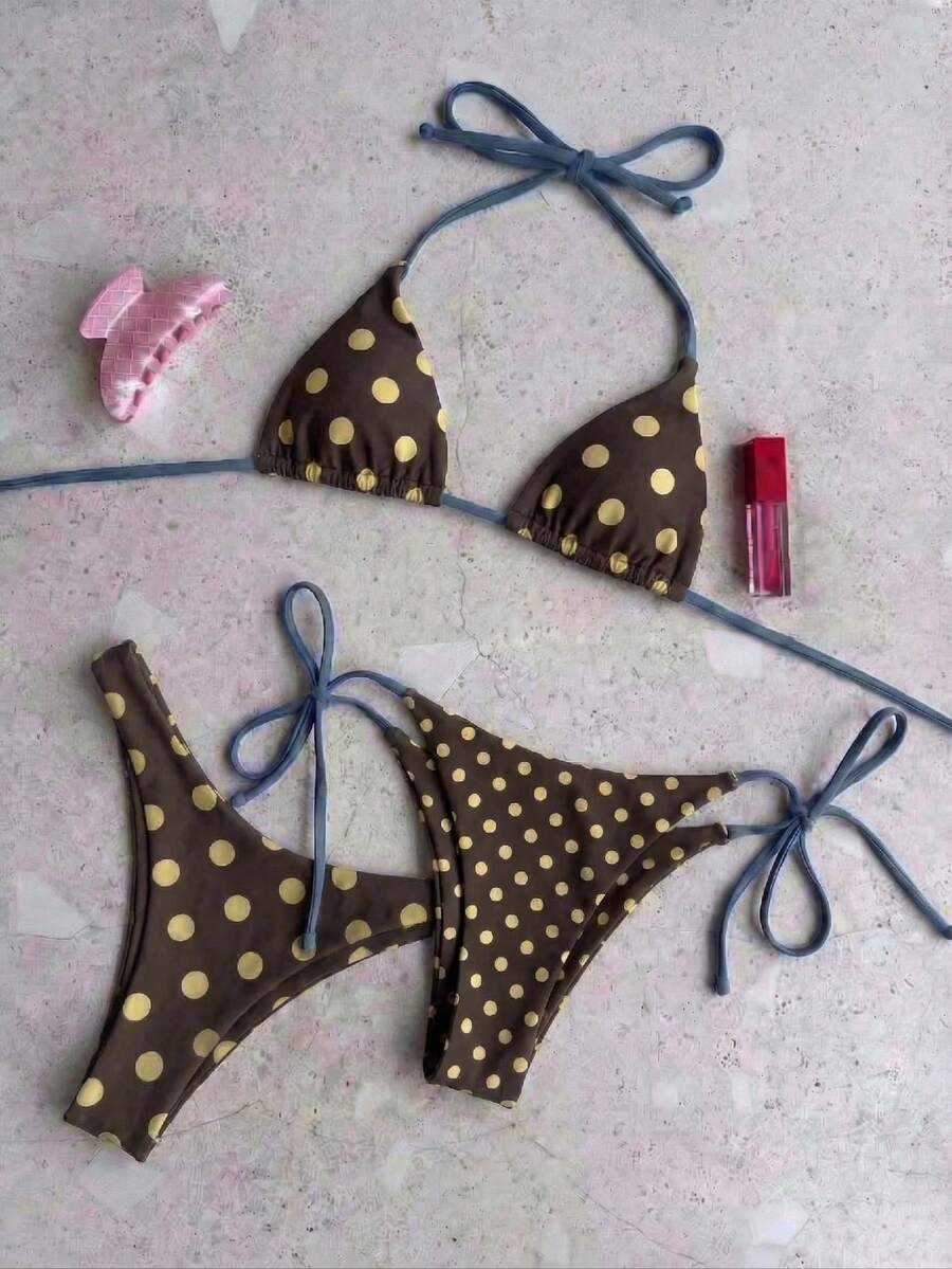 Bộ bikini 3 mảnh mùa hè dành cho nữ, họa tiết sọc xanh dương và nâu, kiểu dáng thường ngày, gồm áo hai dây và quần bơi kẻ sọc đa năng kiểu Nhật. - Nhiều màu - Xem 1