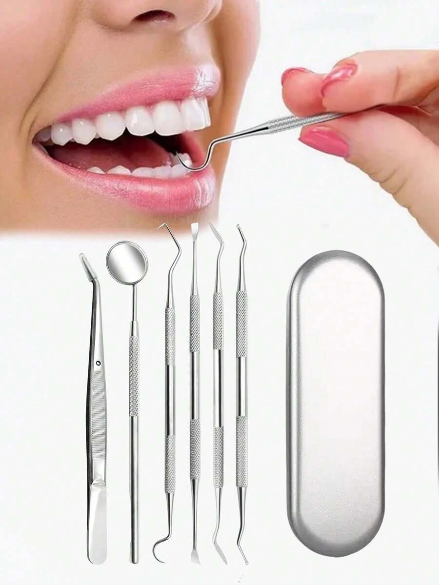 6/4/1 不锈钢牙齿清洁工具套装，专业牙齿清洁和口腔卫生工具，包括不锈钢牙签、洁牙器、牙垢去除器，适用于牙医、个人和宠物使用，配有收纳盒，是每个家庭的必备品，也是馈赠亲朋好友的绝佳礼物。 - 彩色 - 查看 1