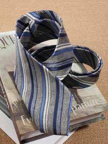 1pc Men's Versatile Blue And Gray Striped Tie, Suitable For Fashionable Casual Outfits - Multicolor - View 3