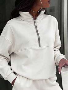 Women's Two-Piece Thin Hoodie Sports Street Casual Fashion Set For Women, Spring Women's Outdoor Comfort Set, Women's Thin Half Neck Zipper Hoodie, Women's Casual Outdoor Pants - 白色 - 查看 6