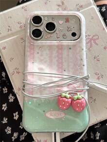 可爱3D粉色草莓波点蕾丝拼接图案闪亮亮片手机壳，兼容 17 Pro Max、17 Pro、16 Pro Max、15 Pro Max、14 Pro Max、13 Pro Max、14、15、16 Plus、12 Pro Max、11，夏季闪亮星星亮片亮面IMD软后盖 - 草莓 - 查看 5