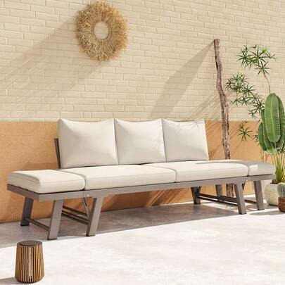 Tuinset, buitenbank, 3-zitsbank, relaxbank voor in de tuin, chaise longue, tuinligstoel met kussens en inklapbare armleuningen, tuinbank voor tuin, terras, balkon, beige