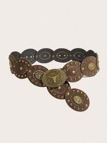 1pc Women's Bohemian Style Brown Patchwork Retro Metal Buckle Belt, Suitable For Dresses, Jeans, Music Festival & Commute Outfits Fall, Autumn, Halloween - Đầu bò nâu - Xem 10