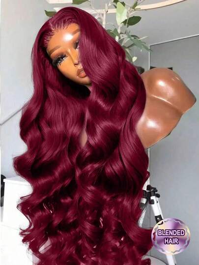 200% Density 28 Inch Body Wave Human Frontal Hair Wig 13x4 HD SKINLIKE Lace Front Natural Hairline Wig Pre-Plucked Bleached Knots Burgundy 99j Color Adjustable Part Blended Hair Wigs For Wome