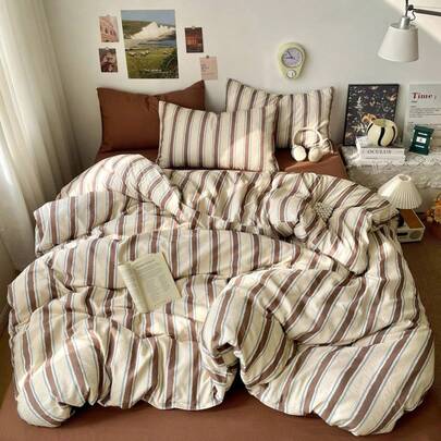 三件套条纹被套（1个被套+2个枕套，不含被芯和枕头），复古风，条纹被套套装，简约褶皱床品