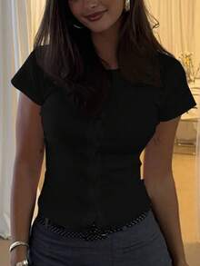 女款休閒鈕扣短袖針織上衣 春夏街頭風 - 黑色 - 查看 4