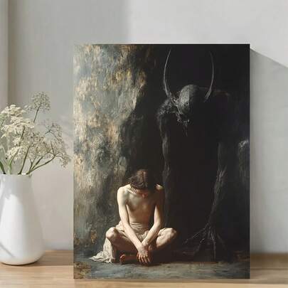 لوحة على قماش خشبي، "الكابوس" لهنري فوسيلي، شيطانة الأحلام، مع خلفية داكنة وتفاصيل أمامية، صور ديكور غرفة المعيشة، ديكور منزلي لوحات جدارية بدون إطار