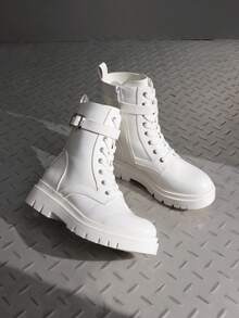 Women's Chelsea Platform Combat Boots Lace Up Lug Sole Buckle Ankle Booties Shoes - trắng - Xem 8