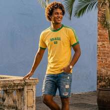 Men's Retro Brazil T-Shirt With Embroidered Design, Combed Cotton. - 黃色 - 查看 4