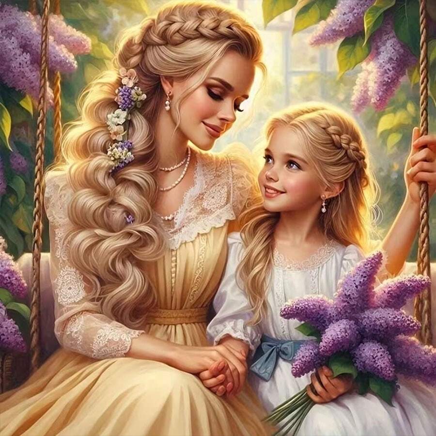 Kit de pintura de diamante 5D DIY, tema amor familiar, menina com flores lilás roxas, bordado de diamante artesanal, sem moldura, decoração para sala de estar e quarto, um presente para a mãe.