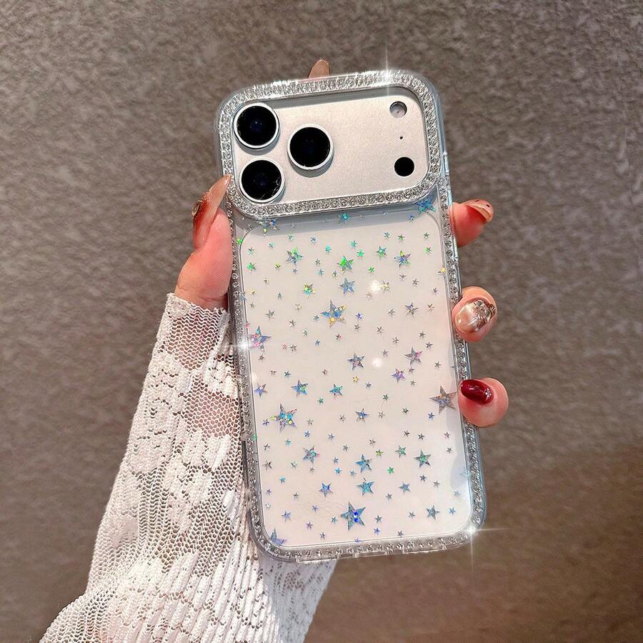 Étui de téléphone design étoile strass à la mode, compatible avec iPhone 17 Pro Max, 16 Pro, 15, 14, 13, 12 Pro Max, 11, en matériau acrylique dur - Étoile - Voir 1
