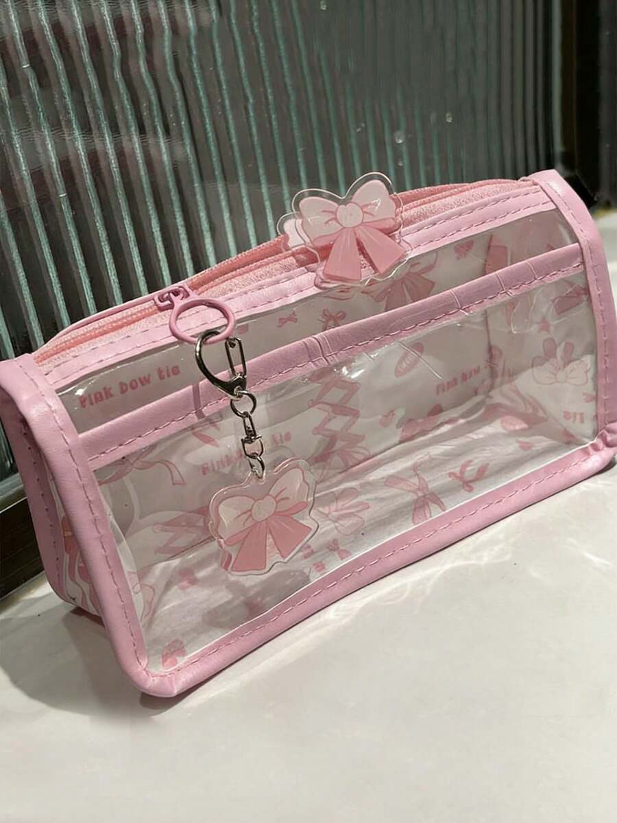 1个粉色/黑色蝴蝶结双层透明铅笔盒，美观大方，少女心满满，透明大容量文具收纳袋 - 彩色 - 查看 1