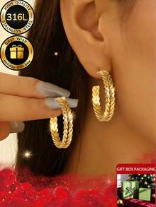 Two Pieces Set Of Simple C-Shaped Golden Wheat Ear Earrings+Thoughtful Ear Protection And Ear Care Needles, Suitable For Wearing New Ear Holes And Various Occasions And Festivals Such As Parties, Anniversaries, Birthdays, Etc., Equipped With High-Quality And Exquisite Gift Boxes - Gold - View 2