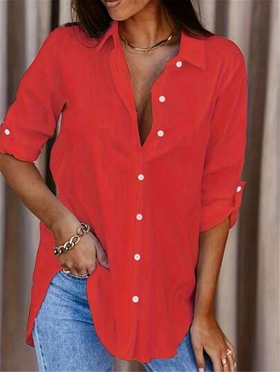 Plus Size Women Spring/Summer Elegant Casual Solid Color Button Long Sleeve Blouse Top