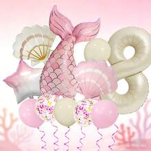 1 Set Mermaid Themed Balloon Set, Includes 32" Ivory Number Balloon, 39.37" Pink & Gold Mermaid Tail Balloon, 26" Pearl White & Pink Shell Balloons, 18" Pink & White Gradient Star Balloons, Suitable For Birthday Gifts, Mermaid Princess Themed Parties, Ocean Themed Events, Dream Theme, Easy To Create A Dreamy And Sweet Underwater Princess Atmosphere - View 11