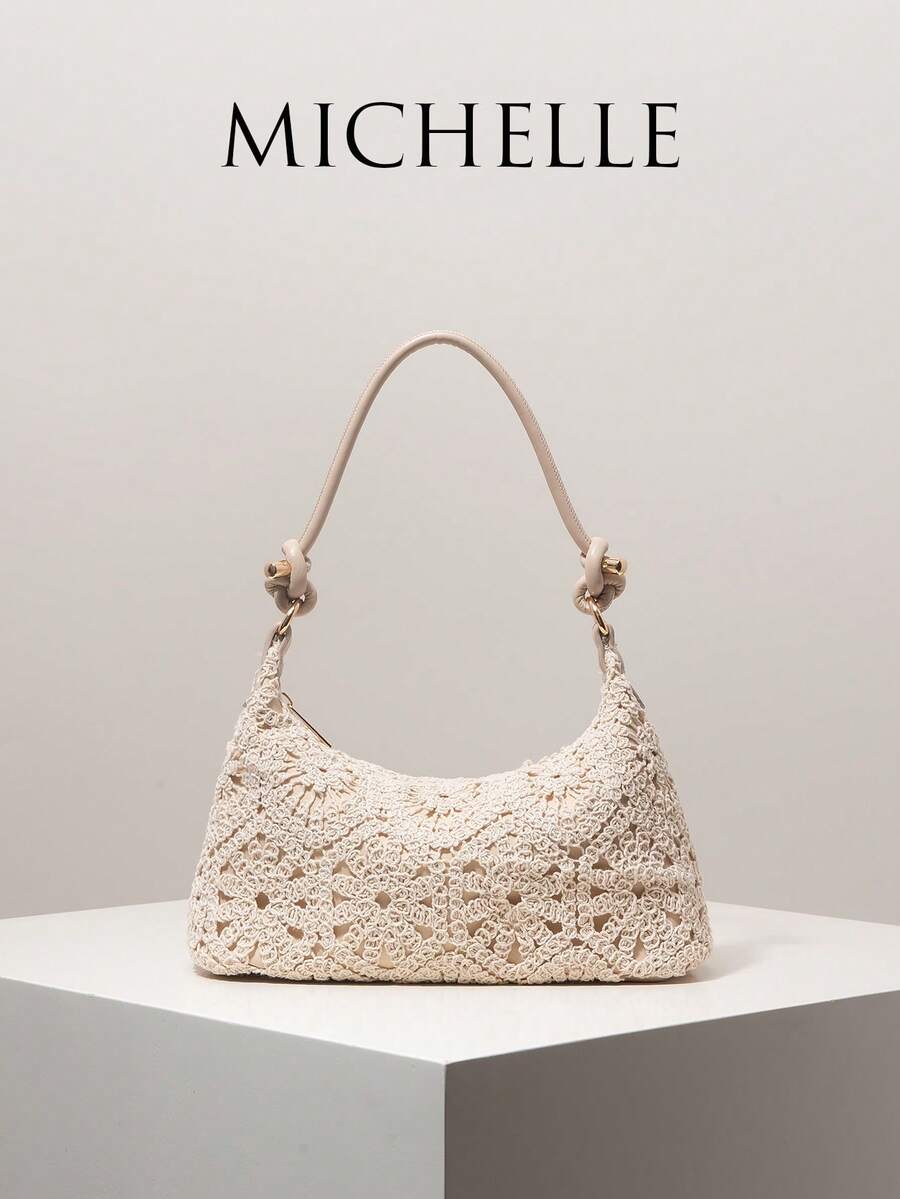 Women's Floral Print Shoulder Bag, Bohemian Style Summer Beach Bag, Essential For Travel & Vacation, Comes With Crochet Set - Apricot - View 1