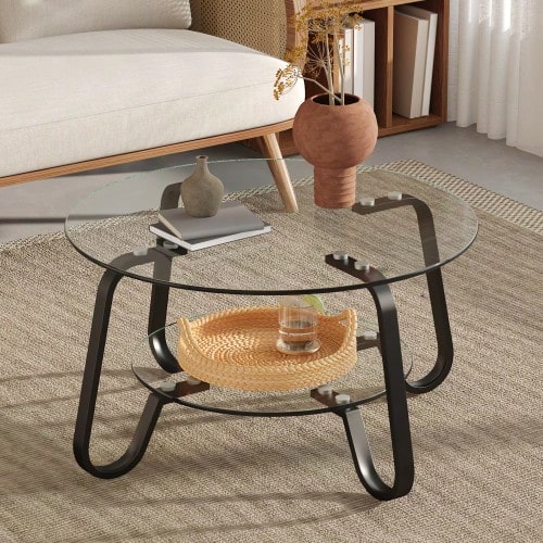 Retro Minimalist Style Metal Frame Double Layer Tempered Glass Coffee Table, Adds A Touch Of Elegance To Your Living Room. - Black - View 1