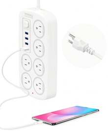 ONEEKA MOREKA Regleta Multicontactos Extensión De 4 Puertos Usb Y 6 Tomas - Blanco - Ver 6