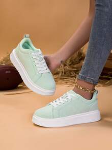 女士薄荷绿、天蓝、卡其色、灰色仿麂皮系带运动鞋，简约风格系带休闲鞋，透气厚底时尚日常鞋 - 薄荷綠 - 查看 4